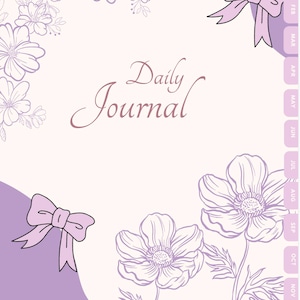 May include: A daily journal cover featuring a light purple background with white floral line art, two light purple bows, and a vertical tabbed index on the right side labeled with the months of the year from January through December.