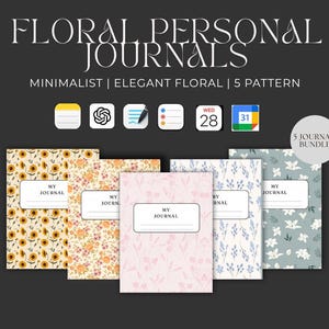 May include: A bundle of five journals featuring floral patterns in yellow, orange, pink, blue, and green. Each rectangular journal cover displays the text MY JOURNAL with a line for writing. The image includes text reading FLORAL PERSONAL JOURNALS.