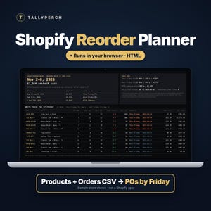 May include: A laptop screen displaying the Tallyperch Shopify Reorder Planner interface. The dark-themed dashboard shows inventory data, purchase order schedules, and product lists with columns for SKU, title, and costs. Text includes 'Shopify Reorder Planner' and 'Products + Orders CSV to POs by Friday'.