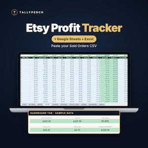 May include: A digital Etsy Profit Tracker spreadsheet for Google Sheets and Excel displayed on a laptop screen. The interface shows columns for fees, net profit, and margins, with a dashboard tab below featuring sample data for gross merchandise.