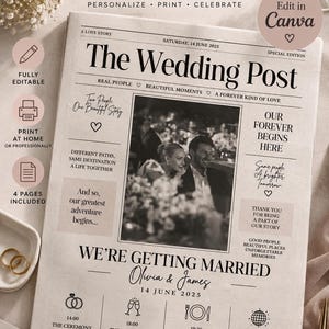 May include: An editable wedding newspaper template titled The Wedding Post, featuring a central black and white photograph of a couple, event schedule, and text sections. The layout includes headings like A Love Story and We're Getting Married.