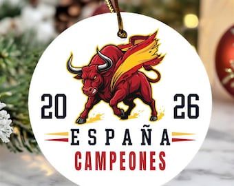 Soccer Style Animated Keepsake Christmas Tree Decor, España Campeon Patriotic Bull Funny Ceramic Ornament