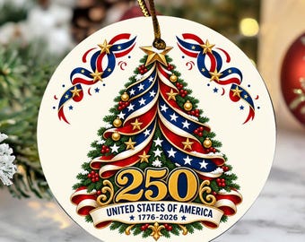 Patriotic Anniversary Gift 1776-2026 USA Flag Xmas Tree Decor, Celebrating America Christmas Tree Ceramic Ornament