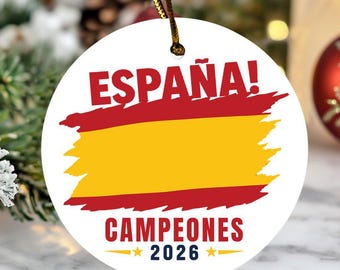 Spain Flag Tribute Keepsake, España Campeones 2026 Gift For Fans, Christmas Tree Decor Ceramic Ornament