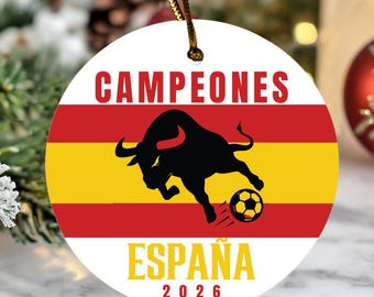 Spanish Flag Soccer Tribute Christmas Tree Decor, Spain Classic Bull Campeones 2026 Ceramic Ornament
