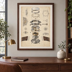 May include: A framed technical illustration on aged paper showing an exploded view of a wristwatch. The diagram displays the watch components, including the crystal, dial, hands, case, movement, and case back, alongside two brown leather watch straps.