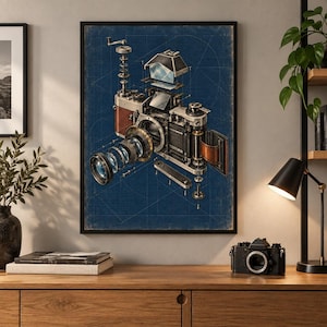 May include: A framed wall art print featuring an exploded view technical blueprint of a vintage film camera. The illustration displays the internal components, lens elements, and film mechanism in a detailed diagram style against a dark blue background.