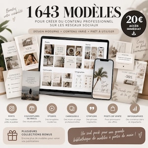 Peut inclure: Un ensemble de 1643 modèles numériques pour créer du contenu sur les réseaux sociaux. L'image affiche un écran d'ordinateur et de smartphone présentant divers designs de posts, stories et carrousels avec le texte 1643 MODÈLES.