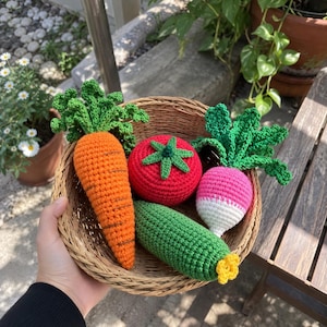 May include: A woven wicker basket containing four crocheted vegetables: a bright orange carrot with green leafy tops, a round red tomato with a green stem, a green cucumber with a yellow blossom end, and a pink and white radish with green leaves.