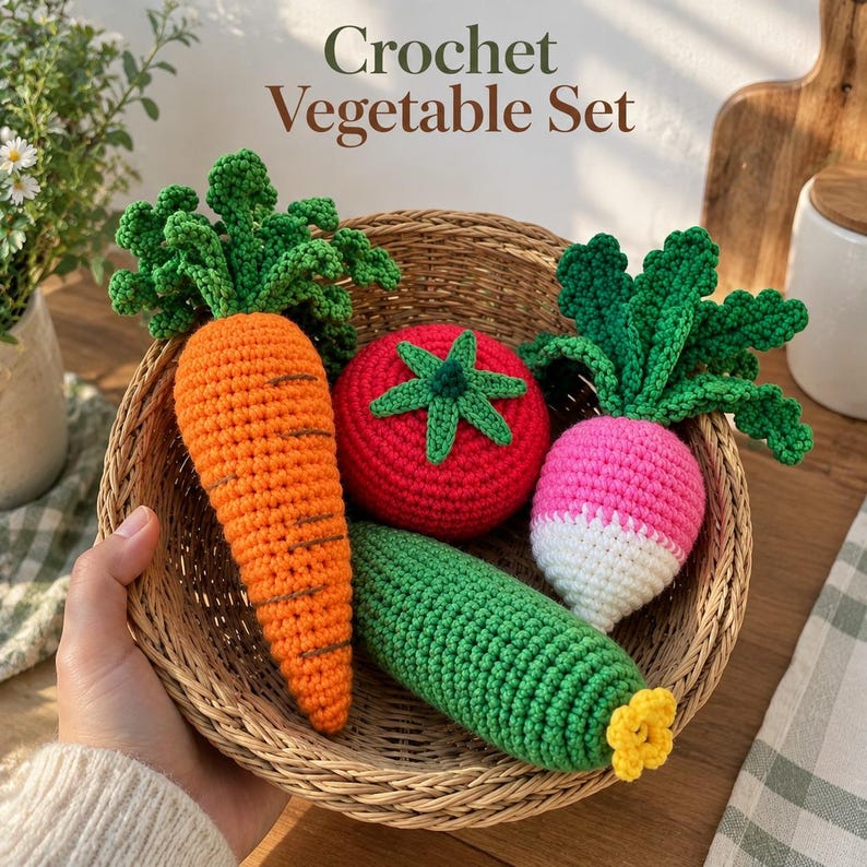 Crochet Pattern Bundle Vegetable PDF | Carrot, Tomato, Radish & Winter Melon | Amigurumi Food | Play Kitchen Crochet