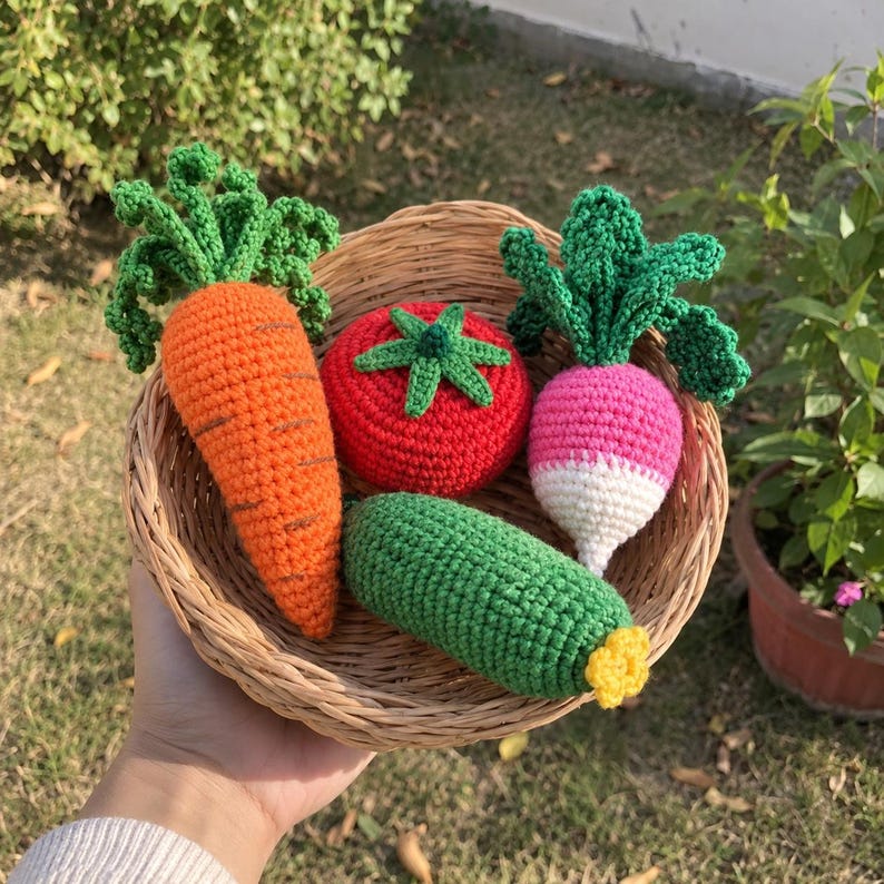 May include: A woven wicker basket containing four crocheted vegetables: an orange carrot with green leafy tops, a round red tomato with a green stem, a pink and white radish with green leaves, and a textured green cucumber with a yellow end.