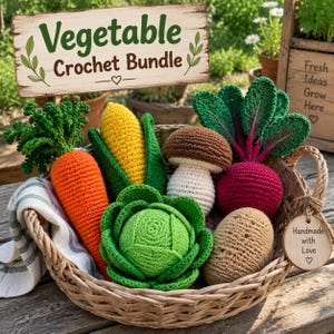 May include: A woven basket containing a collection of crocheted vegetables including a carrot, corn, mushroom, beet, cabbage, and potato. A wooden sign above reads Vegetable Crochet Bundle, and a round wooden tag reads Handmade with Love.