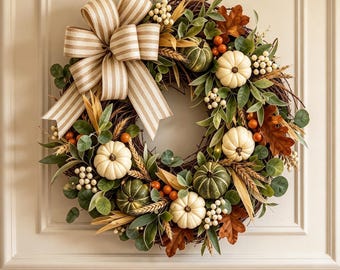 Corona de otoño de calabazas con lazo a rayas, corona de cosecha para la puerta principal, decoración de estilo rústico.