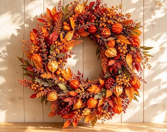 Orange Physalis Fall Wreath, Autumn Front Door Wreath, Farmhouse Wall Decor