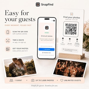 May include: A SnapFind event photo sharing display featuring a smartphone showing the app interface, a vertical acrylic sign with a QR code labeled Find your photos, and two printed wedding photographs. The text includes instructions for guests.