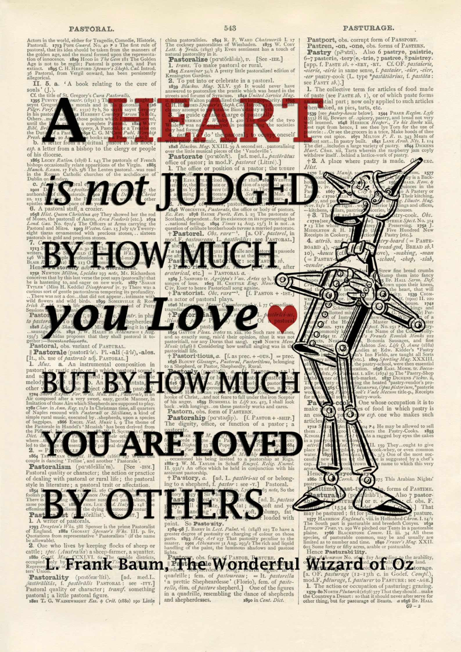 Wizard of Oz Tin Man Heart Quote vintage book page print | Etsy