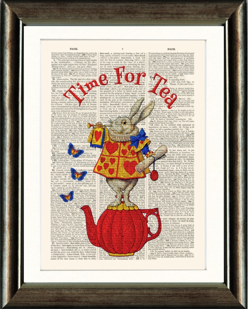 ANTIQUE BOOK PAGE ART PRINT Alice in Wonderland White Rabbit I/'m Late ORANGE