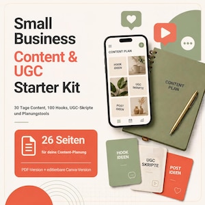 May include: A digital content planner kit featuring a smartphone displaying a content plan app, a sage green spiral notebook with a gold pen, and three rectangular cards labeled Hook Ideen, UGC Skripte, and Post Ideen in green, white, and orange.