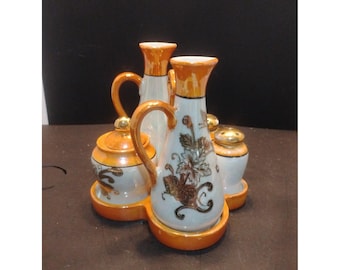 Vintage Chikaramachi Japan Lusterware kruidenset met oranje en gouden bloemenmotief, 6-delig