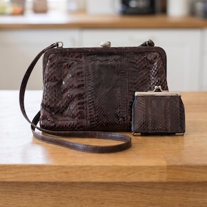 Ensemble sac à main et porte-monnaie vintage en python véritable, fabrication italienne