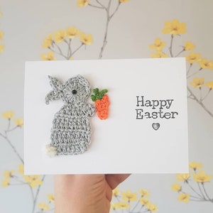 Cartão de crochê de coelhinho da Páscoa feito à mão personalizado, cartão de Páscoa fofo, cartão de coelho, cartões religiosos, cartão de aniversário de cenoura de coelho, aniversário de coelho