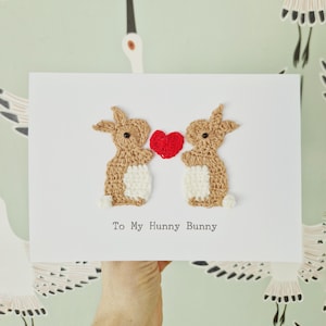 Tarjeta de aniversario personalizada de conejito, tarjeta de pareja de conejitos, tarjeta de San Valentín, tarjeta de boda, tarjeta de pareja de conejitos, conejitos de crochet