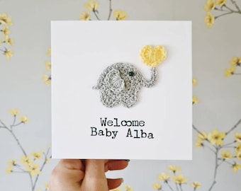 Tarjeta de ganchillo con elefante para bebé, hecha a mano, para bebé de género neutro, para recién nacido, de cumpleaños infantil, personalizada.