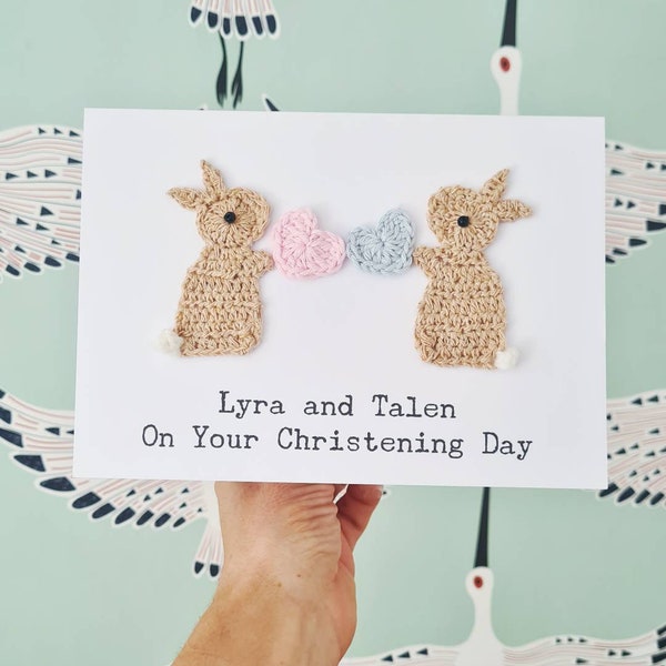 Personalised Twins Handmade Bunny Greeting Card, Twins Christening Card, Baby Twins Card, New Baby Card, Baby Twins Birthday Card,