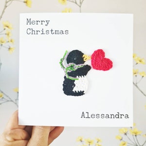 パーソナライズされたかぎ針編みのペンギンの手作りクリスマスカード、ペンギンのバレンタインカード、赤ちゃんの初めてのクリスマスカード、子供向けのカスタムクリスマスカード