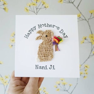 Personalisierte handgemachte häkeln Kaninchenstrauß Dankeskarte, beste Freundkarte, Oma-Geburtstagskarte, Mutter-Geburtstagskarte, Mutter-Tageskarte