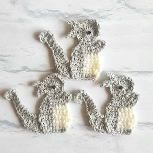 Peut inclure: Trois appliques de  écureuil en crochet gris et blanc avec des yeux noirs.