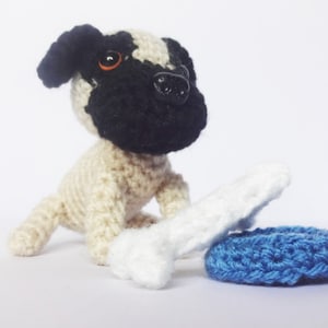 Mini Pug Crochet Dog with Bone & Bowl, Handmade Gift Boxed, Pug Soft Toy, Pug gifts