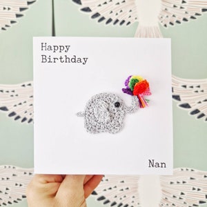 Handmade Elephant Birthday Card, Personalised Elephant Card, Elephant Mothers Day Card, Crochet Card, Cute Elephant Card with bouquet