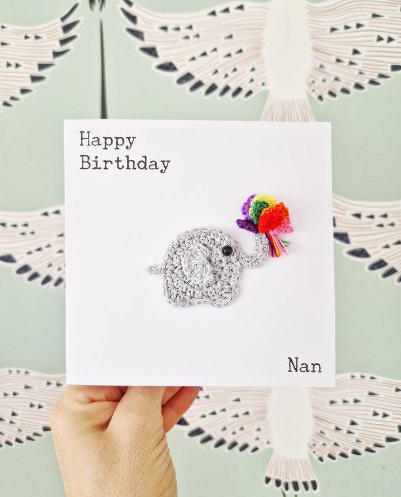 Handmade Elephant Birthday Card, Personalised Elephant Card, Elephant Mothers Day Card, Crochet Card, Cute Elephant Card with bouquet White Card