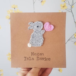 Handgemachte Hase Baby Girl häkeln Grußkarte, Hase Baby Karte, personalisierte Baby Karte, Baby Girl Karte, Kinder Geburtstagskarte