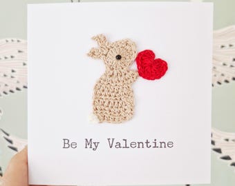 Valentine Bunny & Heart  Crochet Greeting Card, Cute Valentine, Bunny Valentine Card. Personalised Valentine Card, Bunny Anniversary Card