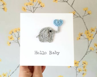 Tarjeta de bebé recién nacido hecha a mano con elefante, tarjeta personalizada para bebé, tarjeta para baby shower, tarjeta de bebé tejida a crochet, tarjeta personalizada para recién nacido, tarjeta de bebé con elefante