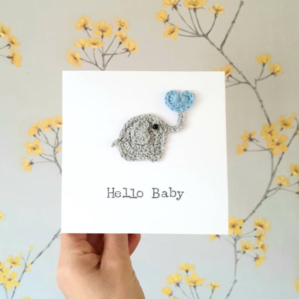 Handmade Elephant New Baby Boy Card, Personalised Baby Card, Baby Shower Card, Crochet Baby Card, Custom New Baby Card, Elephant Baby Card