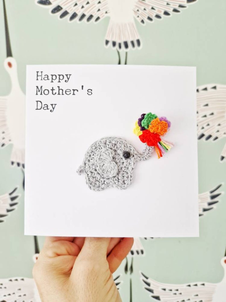 Handmade Elephant Birthday Card, Personalised Elephant Card, Elephant Mothers Day Card, Crochet Card, Cute Elephant Card with bouquet image 2