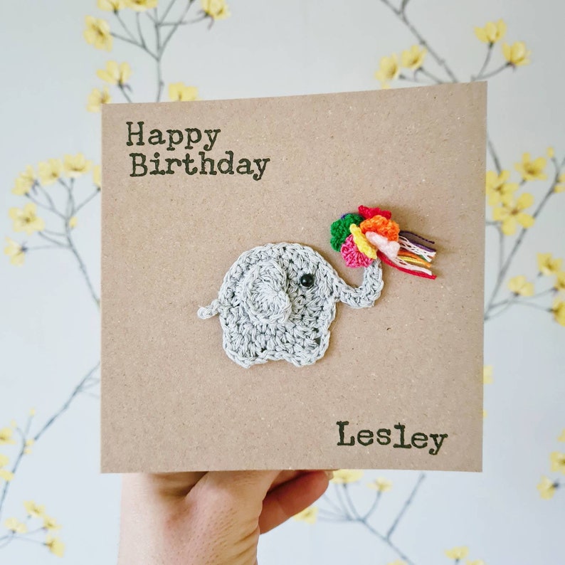 Handmade Elephant Birthday Card, Personalised Elephant Card, Elephant Mothers Day Card, Crochet Card, Cute Elephant Card with bouquet Brown Card