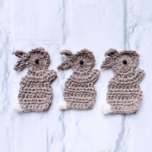 Set di 3 conigli all'uncinetto, applique di coniglio, conigli all'uncinetto, abbellimenti artigianali, accessori per cucire, scrapbooking, applique, coniglietto fatto a mano