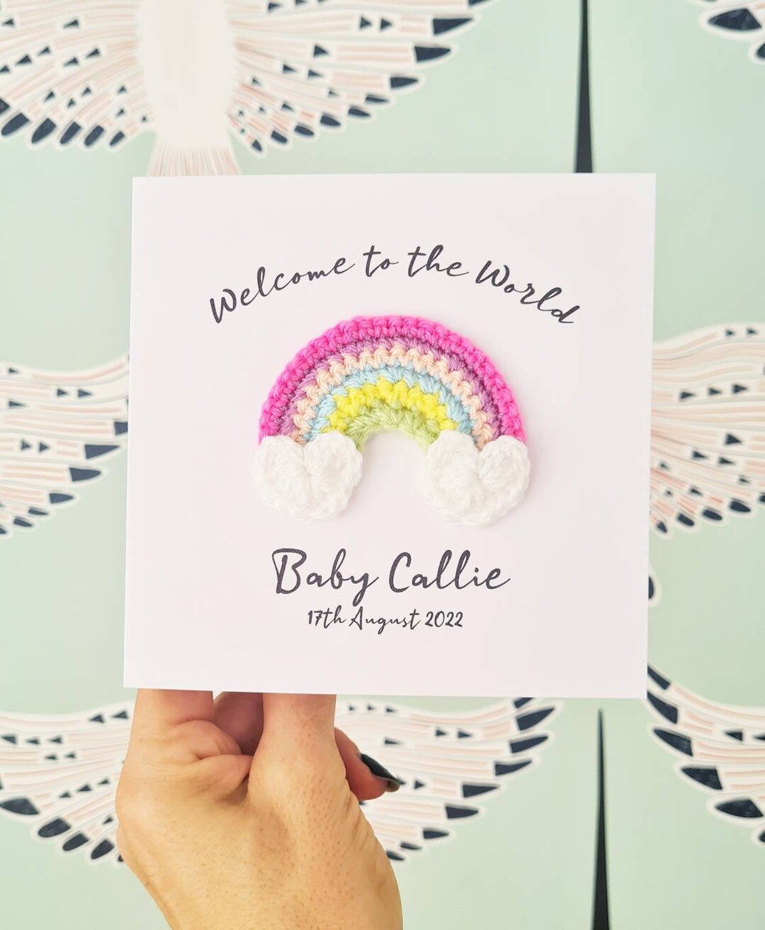 Personalised Handmade Rainbow Baby Card, New Baby Card, Crochet Rainbow