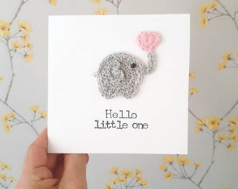 Handmade Elephant New Baby Girl Card, Personalised Baby Card, Baby Shower Card, Crochet Baby Card, Custom New Baby Card, Elephant Baby Card