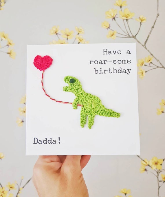 Personalised Handmade Dinosaur Crochet Card, Birthday Dinosaur Card, T-Rex Birthday Card, Custom Kids Birthday Card,  New Baby Card,