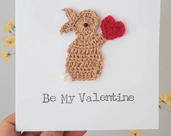 Valentine Bunny & Heart  Crochet Greeting Card, Cute Valentine, Bunny Valentine Card. Personalised Valentine Card, Bunny Anniversary Card