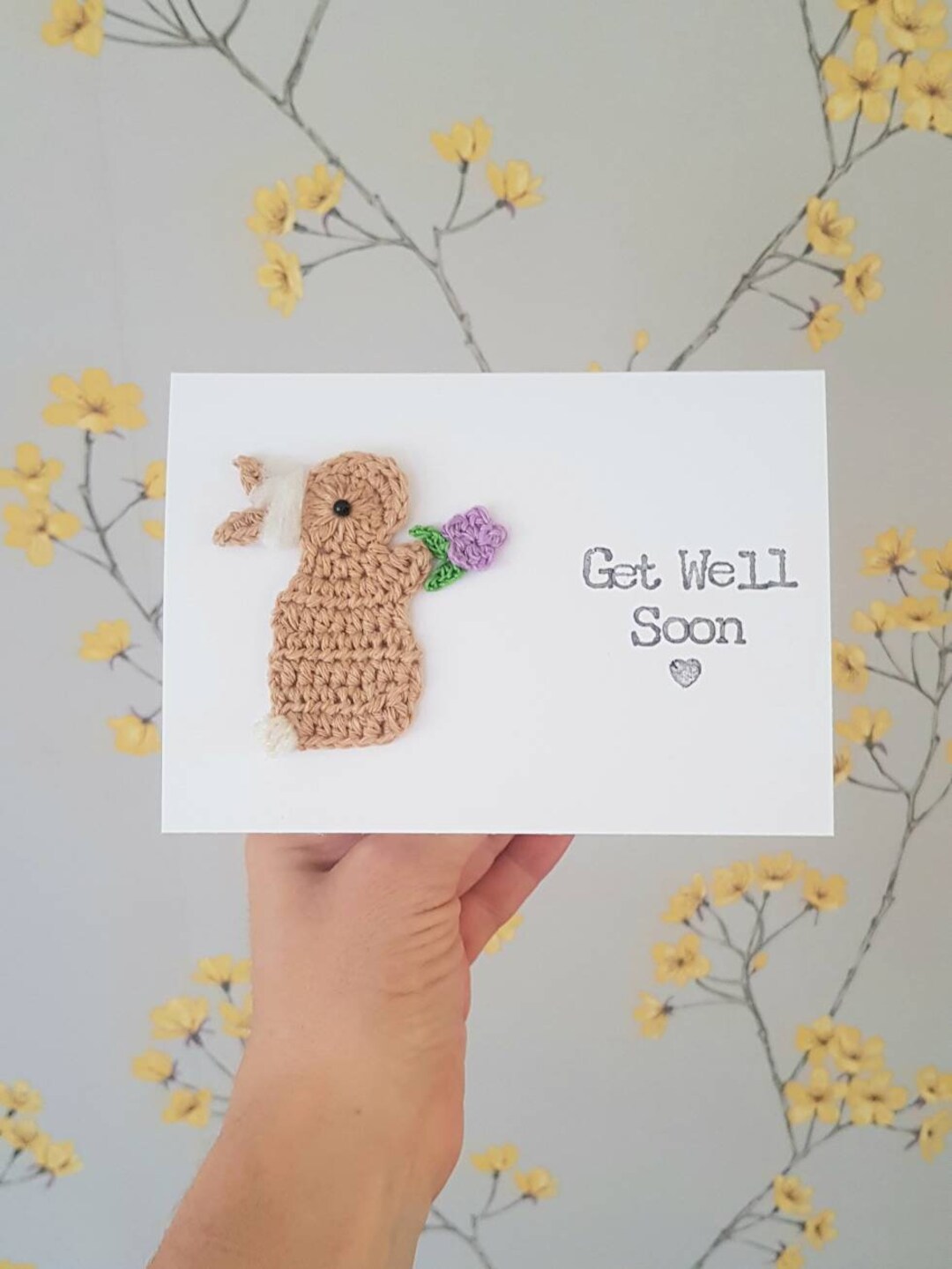 Get Well Soon Rabbit Personalised Handmade Get Well Soon Card, Bunny Crochet Card, Thinking ...