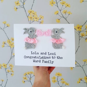 Twins personnalisés Handmade Bunny Greeting Card, Christening Card , Baby Girl Twins Card, Twins Birthday Card, Ballerina Birthday Card,