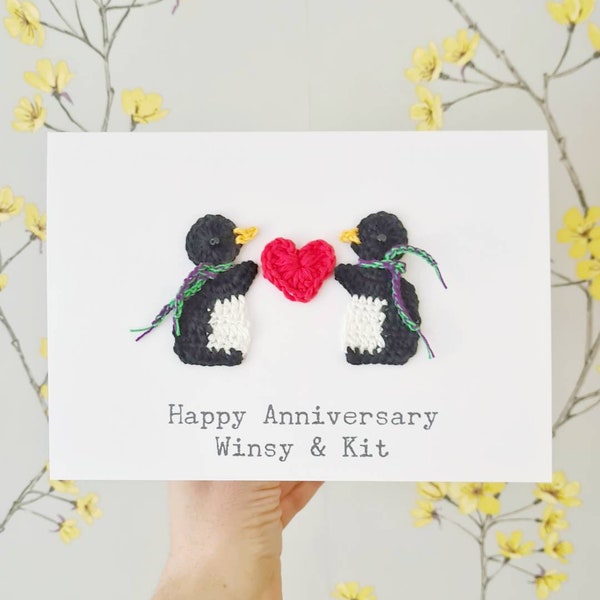 Personalised Handmade Penguin Anniversary Card, Couples Christmas Card, Penguin Wedding Card, Penguin Valentine Card, Custom Wedding Card