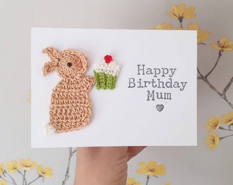 Personalised Handmade Mum Bunny Crochet Card, Special Friend Card, Mother's Day Card, Sister Birthday Card, Cake Lovers Birthday Card