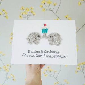 Tarjeta de ganchillo de elefante de cumpleaños personalizada, tarjeta de cumpleaños de gemelos, tarjeta de cumpleaños de los amantes de los pasteles, tarjeta de cumpleaños especial hecha a mano, cumpleaños personalizado